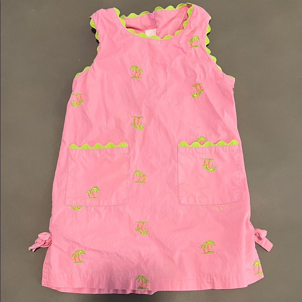 Pink Embroidered Palm Tree Scalloped Edge Dress with Side Bows and Pockets
